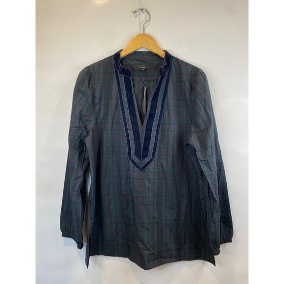 J. Crew Velvet Trimmed V Neck Tunic Black Watch Tartan Plaid Size Large New - Picture 3 of 8